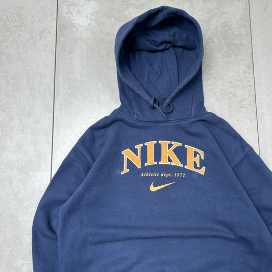 Vintage Nike Navy Spellout Hoodie Sweatshirt - S