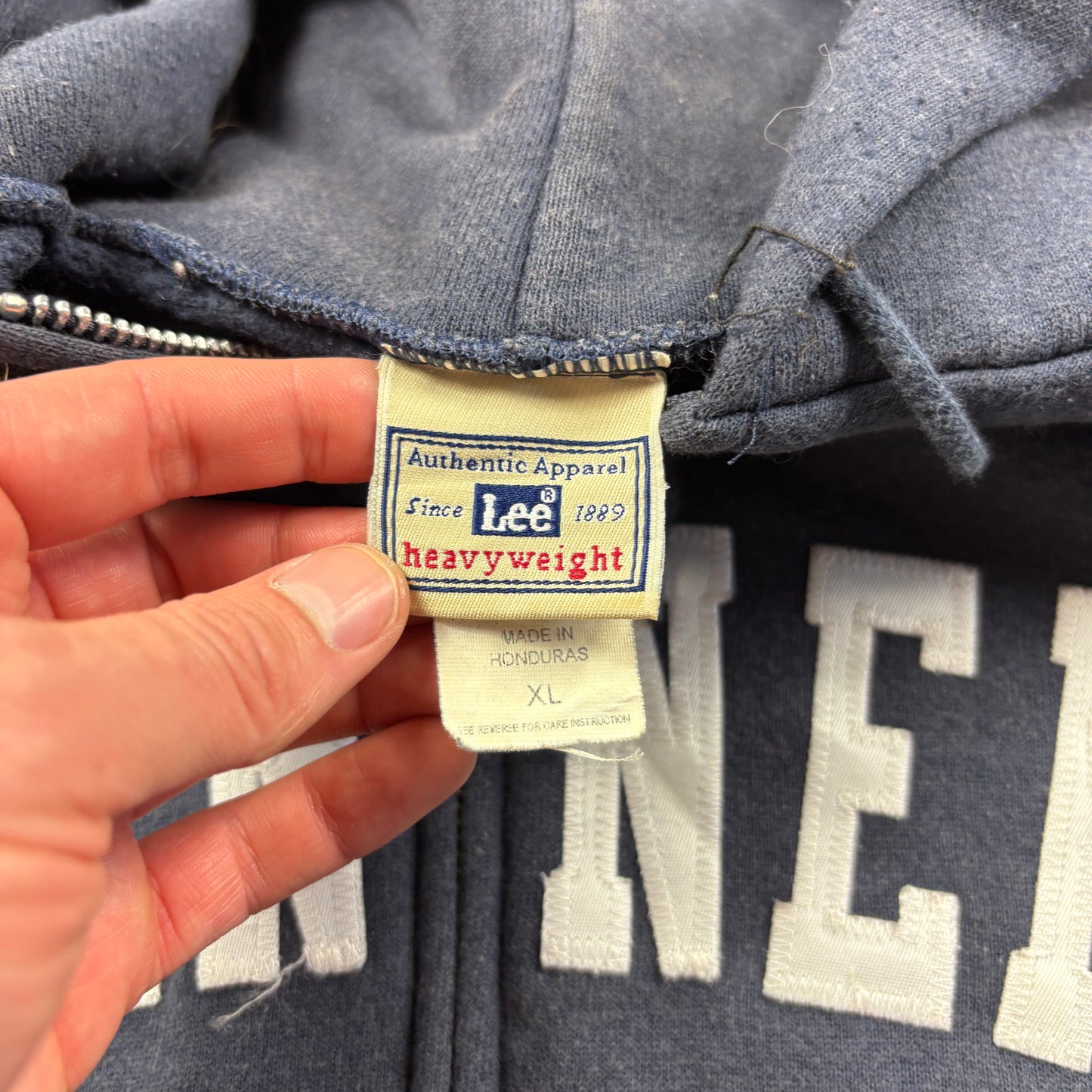 Vintage Lee Navy College Embroidered Hoodie Sweatshirt - XL