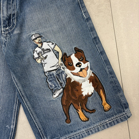 Vintage Mi Raza Fiel Embroidered Hip Hop Blue Baggy Shorts Jorts - 34