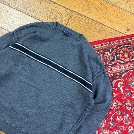 Vintage Nautica Grey Stripe Knit Jumper - M