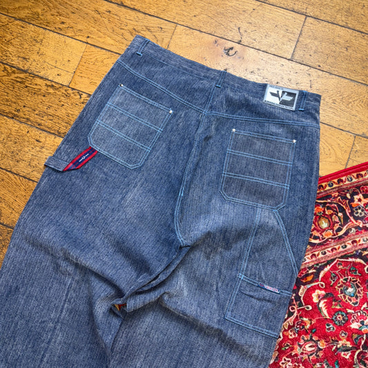 Vintage Blue Grey Embroidered Y2K Hip Hop Baggy Jeans - 38R