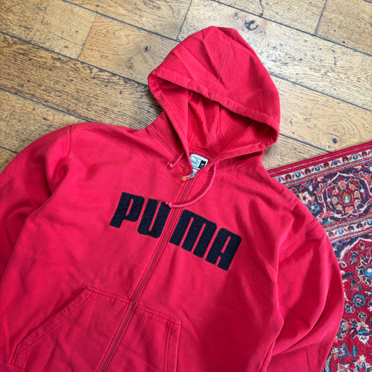 Vintage Puma Red Zip Boxy Hoodie Embroidered Sweatshirt - M