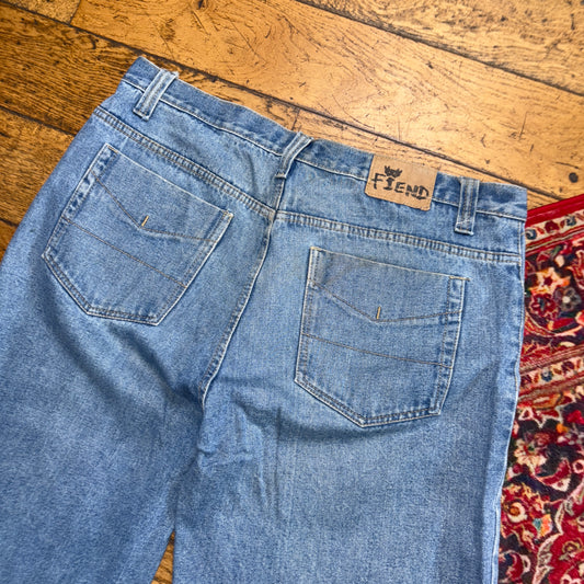 Vintage Fiend Blue Embroidered Y2K Hip Hop Baggy Jeans Shorts Jorts - 38