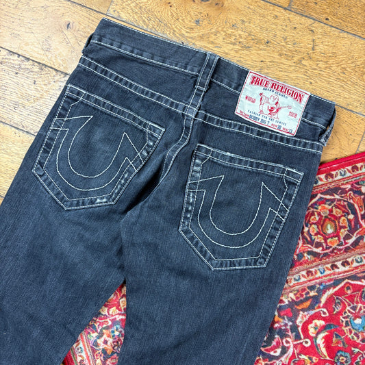 Vintage True Religion Black Embroidered Y2K Hip Hop Flared Bootcut Jeans - 34