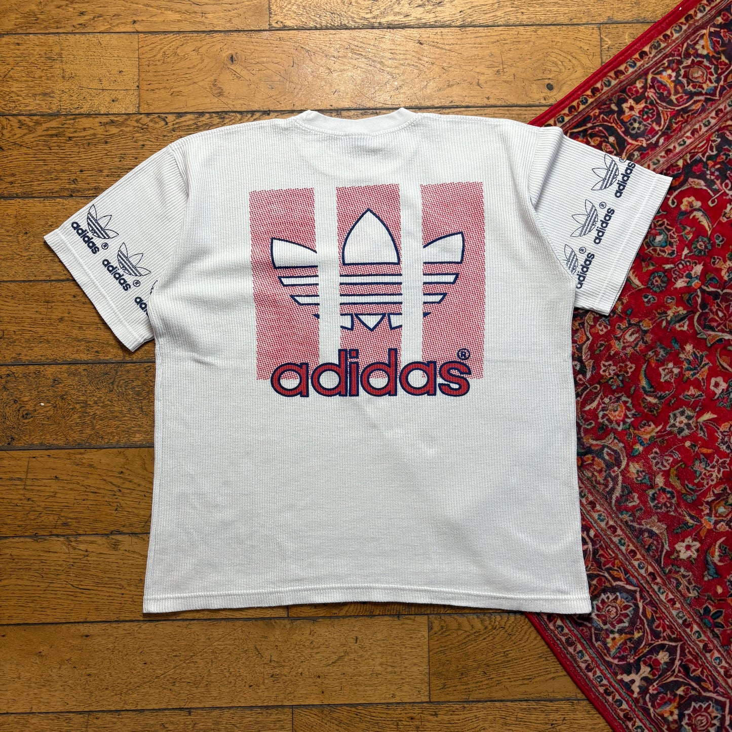 Vintage 90s Adidas Waffle Heavyweight White Graphic T-Shirt - XL