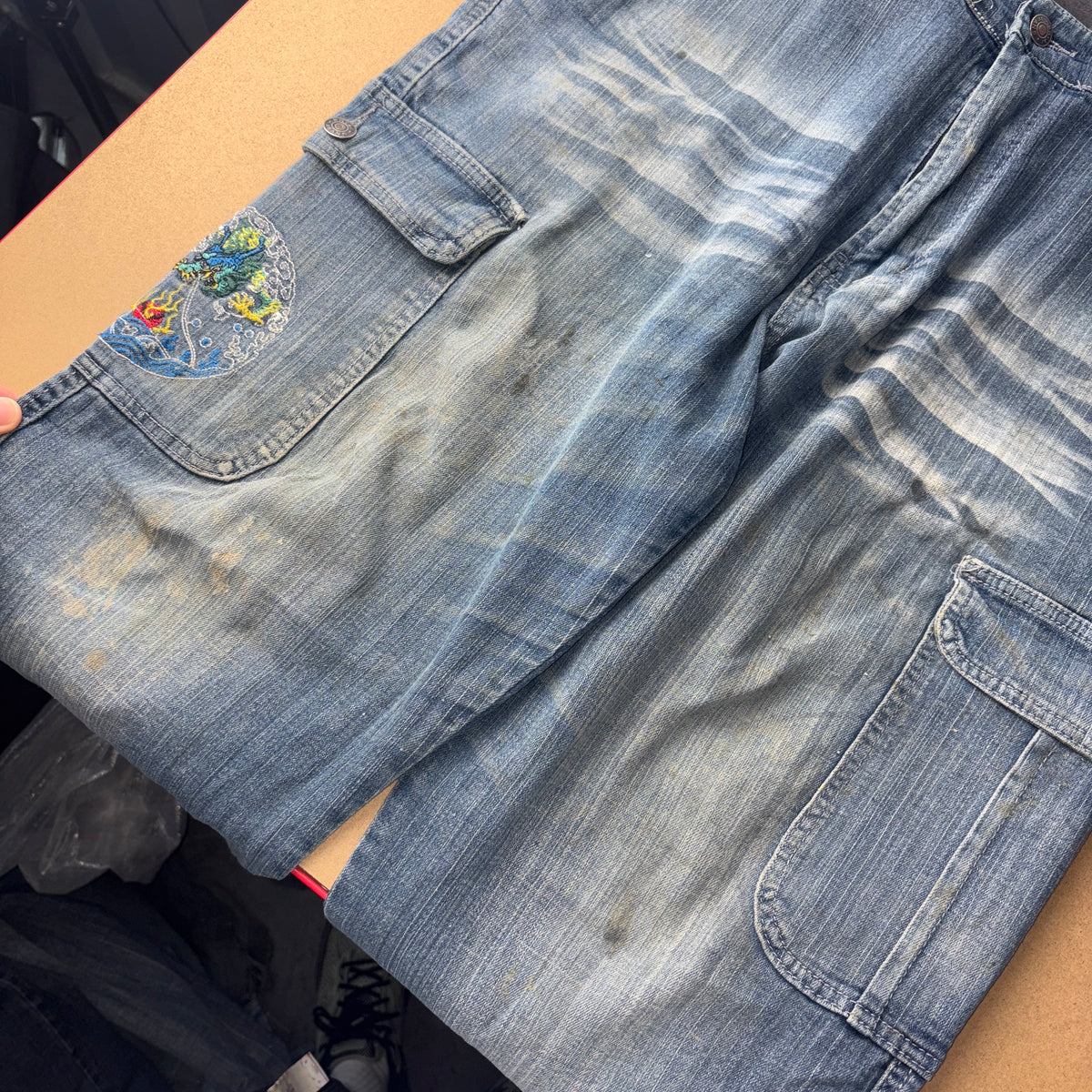Embroidered Blue Dragon Japanese Denim Hip Hop Y2K Baggy Jeans - 36R