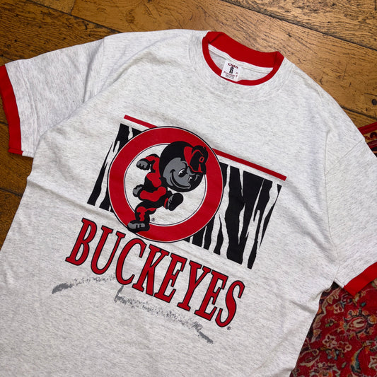 Vintage 90s Buckeyes Ringer Grey Graphic T-Shirt - XL