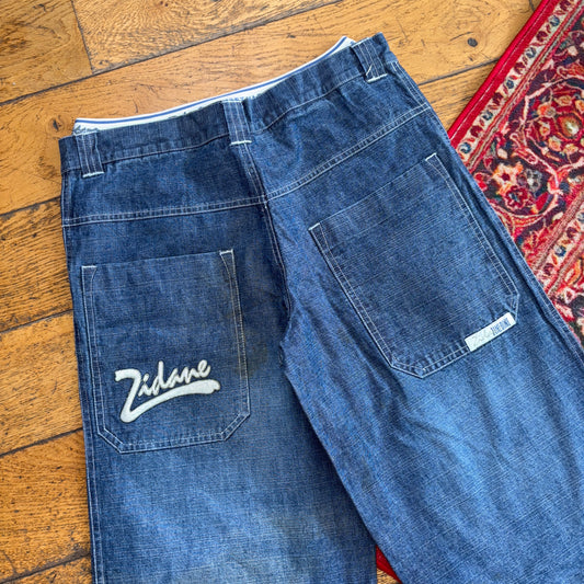 Vintage Zinedine Zidane Y2K Embroidered Hip Hop Blue Baggy Shorts Jorts - 28