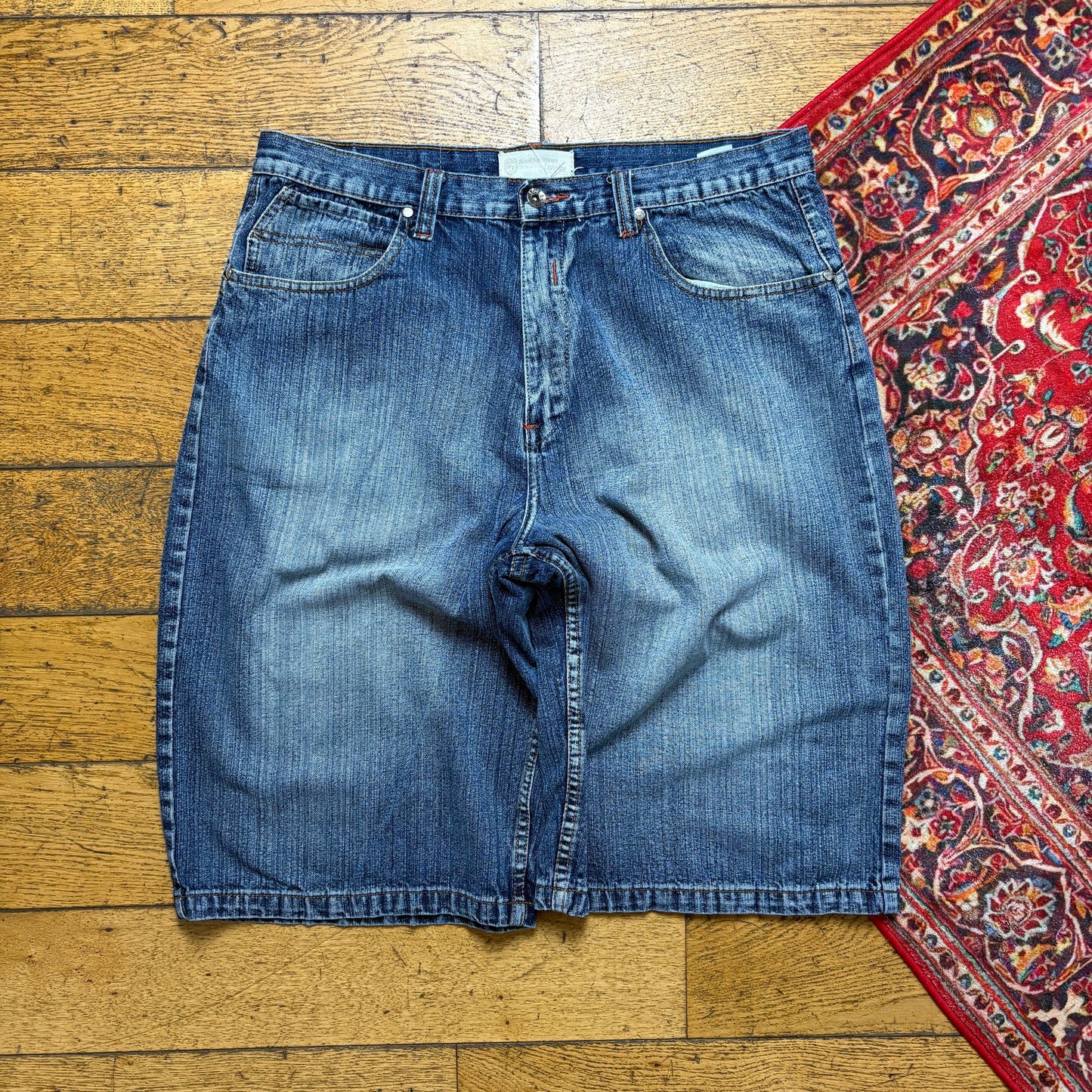 Vintage Blue Embroidered Y2K Hip Hop Baggy Shorts Jorts - 38