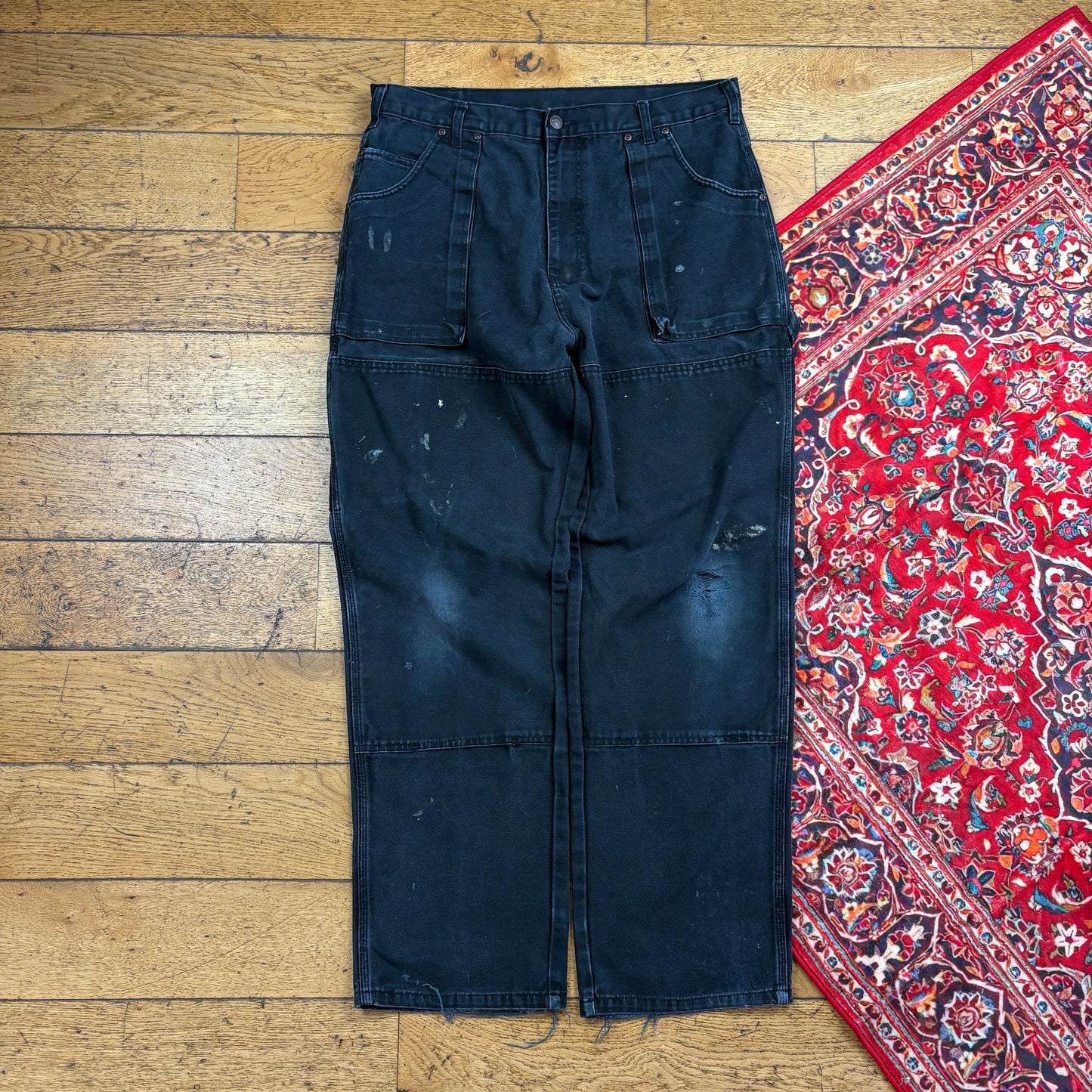 Vintage Dickies Black Double Knee Workwear Carpenter Baggy Trousers - 36