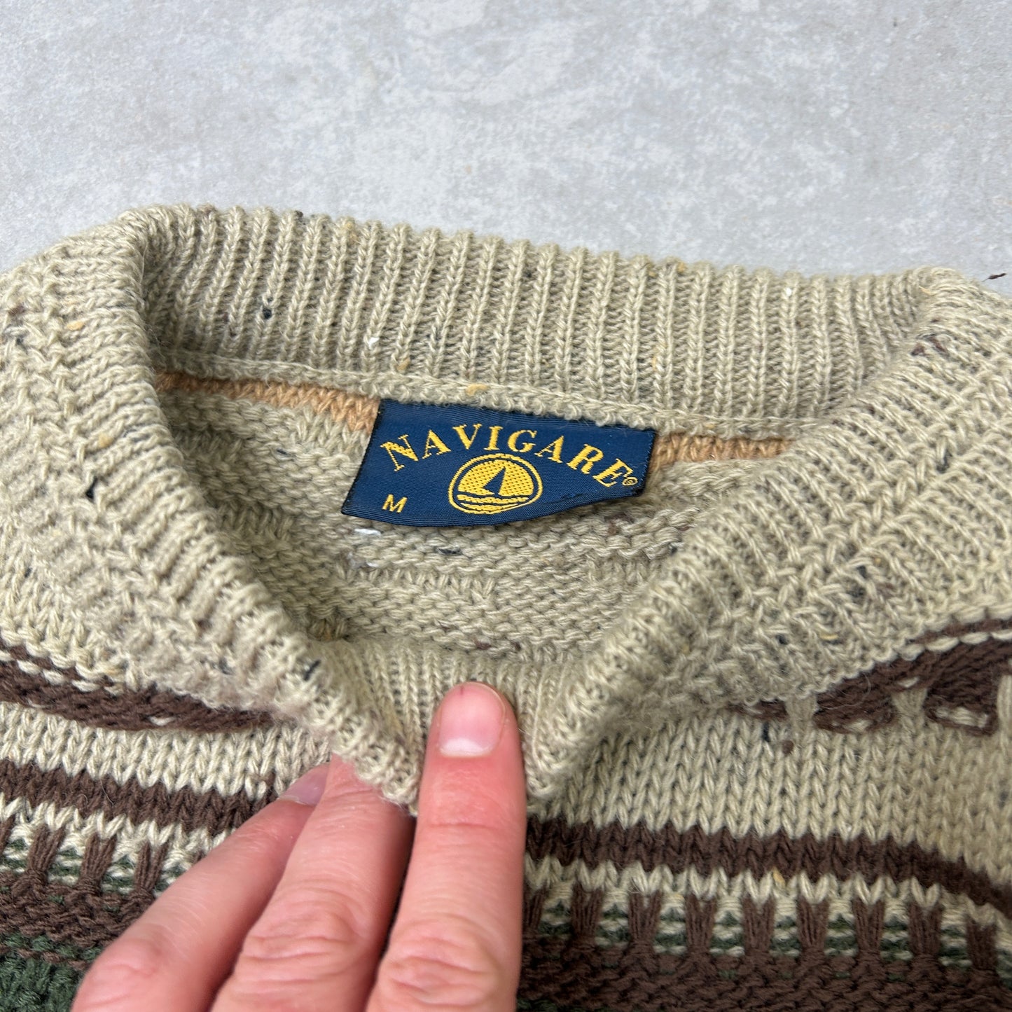 Vintage Chunky Cable Knit Italian Pattern Stripe Brown Jumper - M