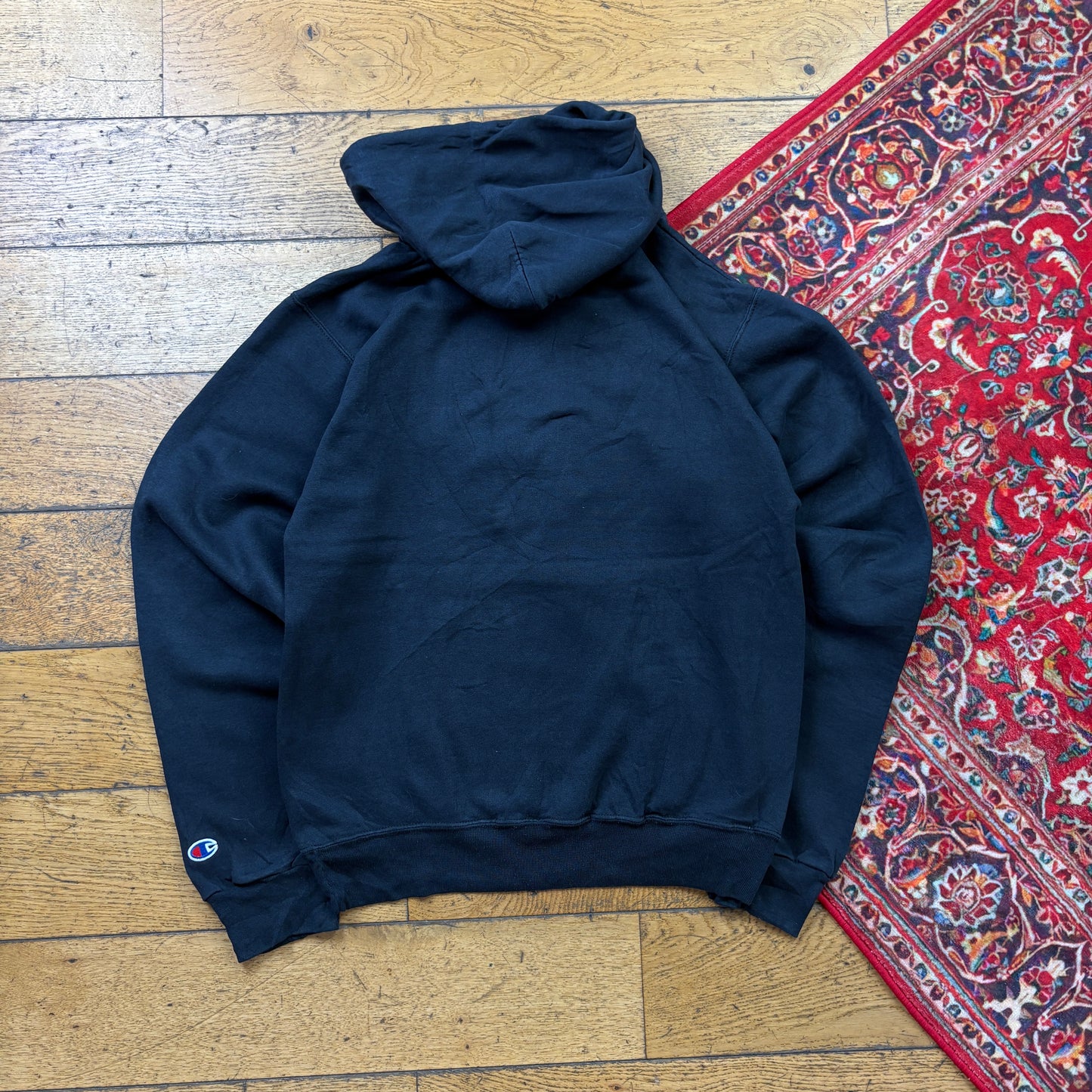 Vintage Champion Black USA College Hoodie Embroidered Sweatshirt - S