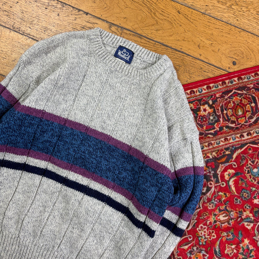 Vintage Woolrich Grey Stripe Wool Chunky Knit Jumper - S