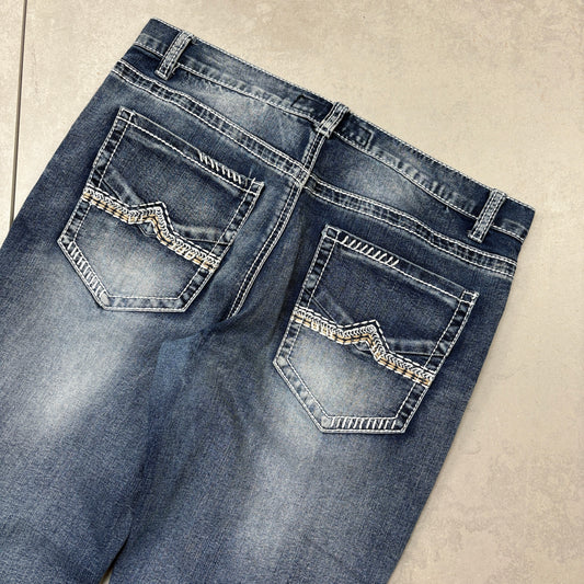 Vintage True Luck Embroidered Hip Hop Straight Blue Jeans - 34