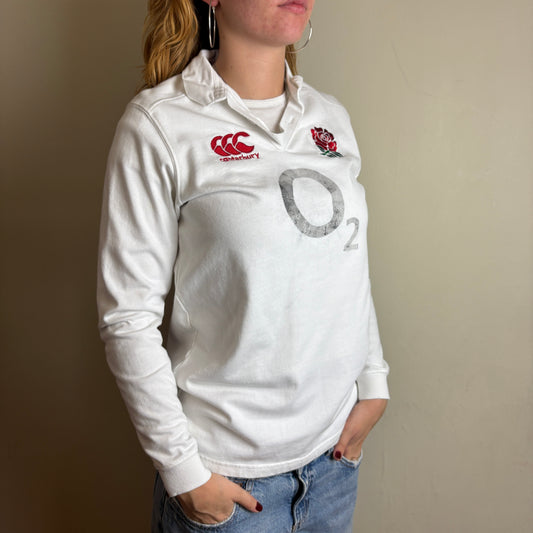 Vintage Canterbury White England Rugby Polo Long Sleeve Shirt - XS