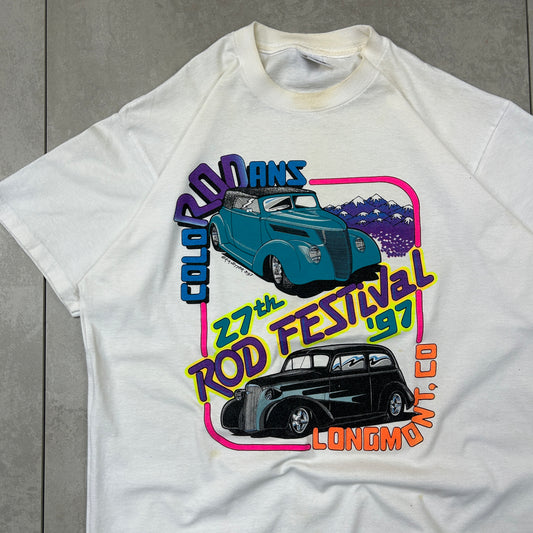 Vintage 1997 Single Stitch Car Graphic White T-Shirt - L