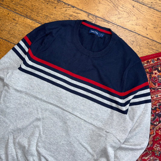 Vintage Nautica Grey Navy Stripe Embroidered Knit Jumper - M
