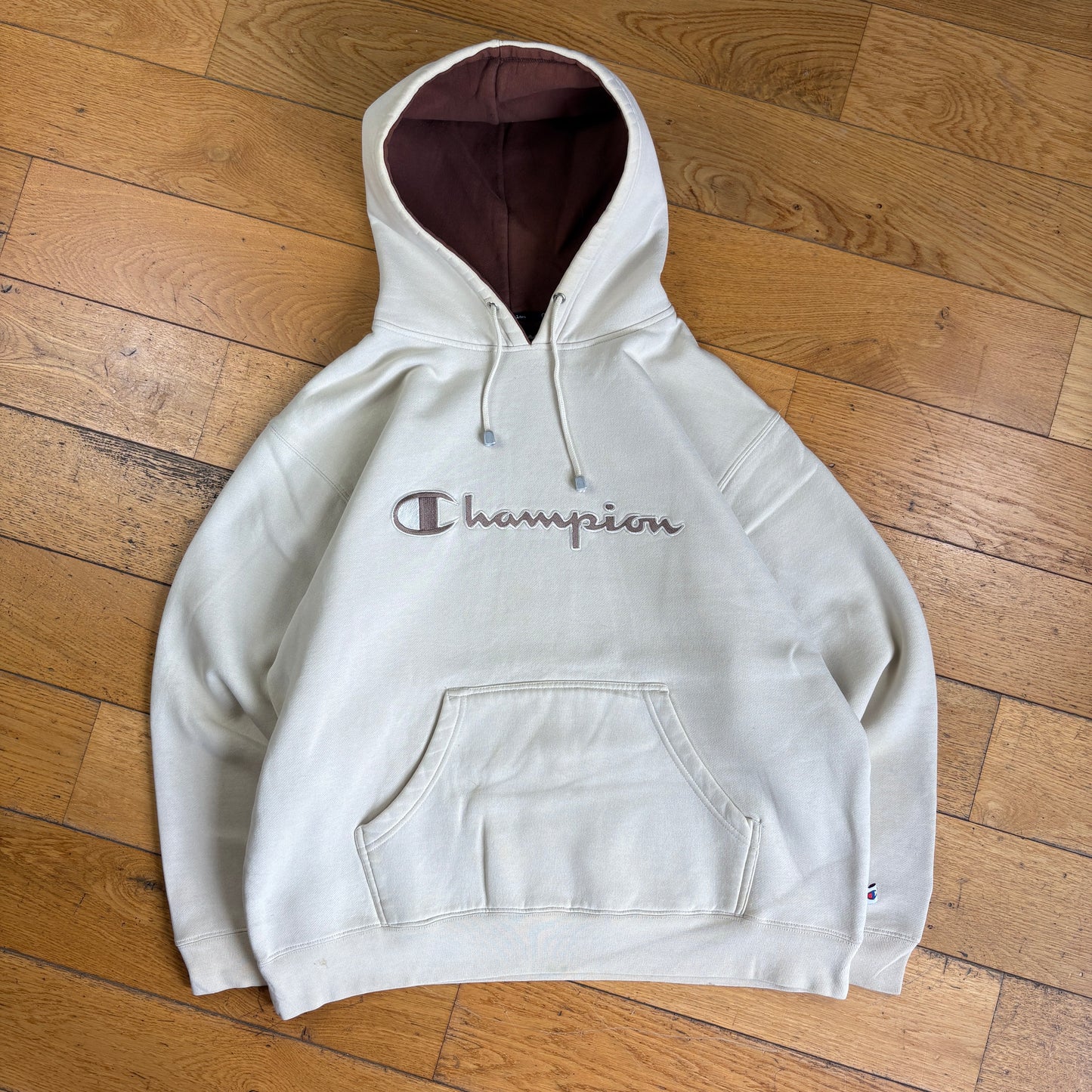 Vintage Champion Boxy Heavyweight Cream Hoodie Embroidered Sweatshirt - L