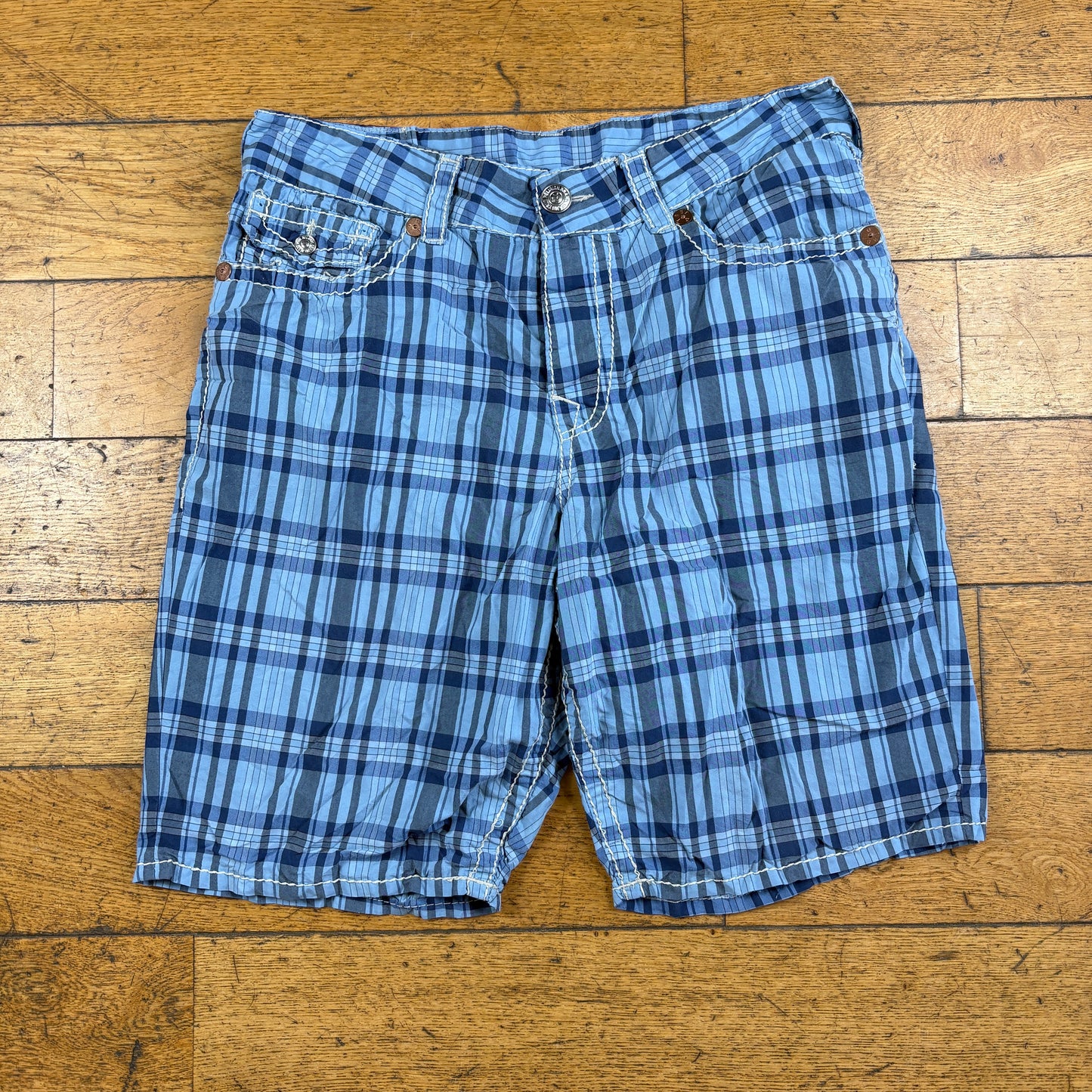 Vintage True Religion Blue Check Embroidered Y2K Swimming Shorts Jorts - 38