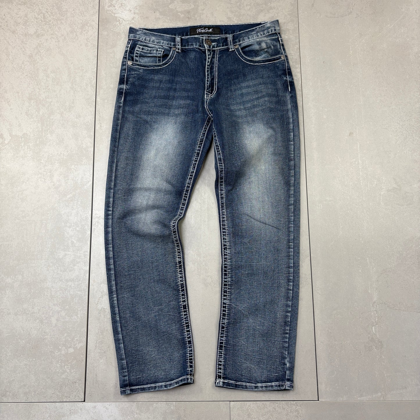 Vintage True Luck Embroidered Hip Hop Straight Blue Jeans - 34