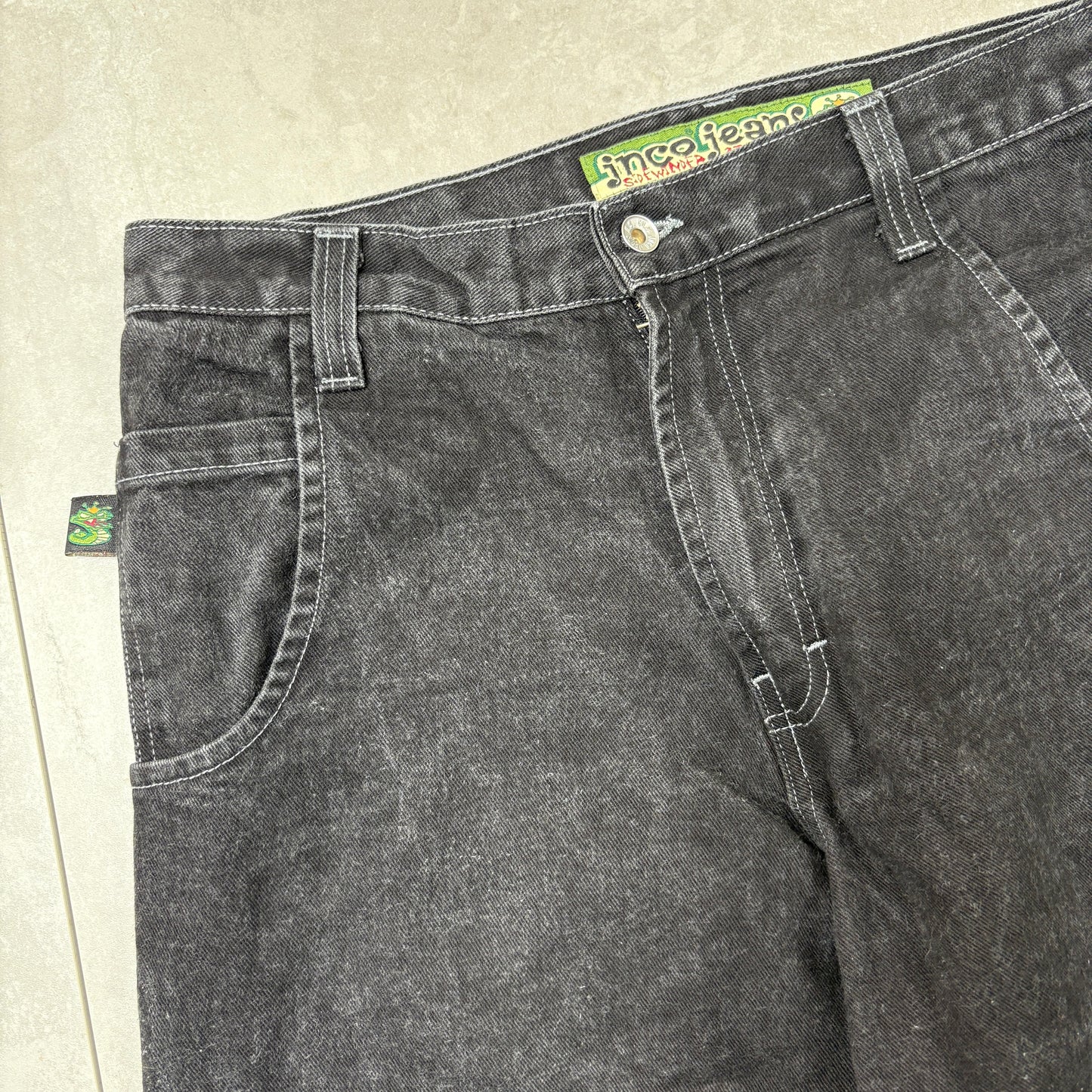 Vintage Rare 90s JNCO Sidewinder Black Embroidered Baggy Jeans - 36