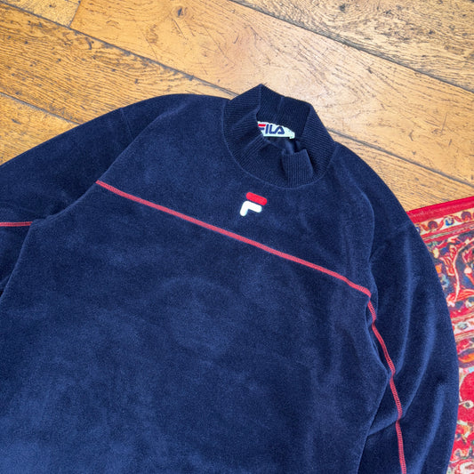 Vintage 90s Fila Navy Roll Neck Embroidered Fleece Sweatshirt - S