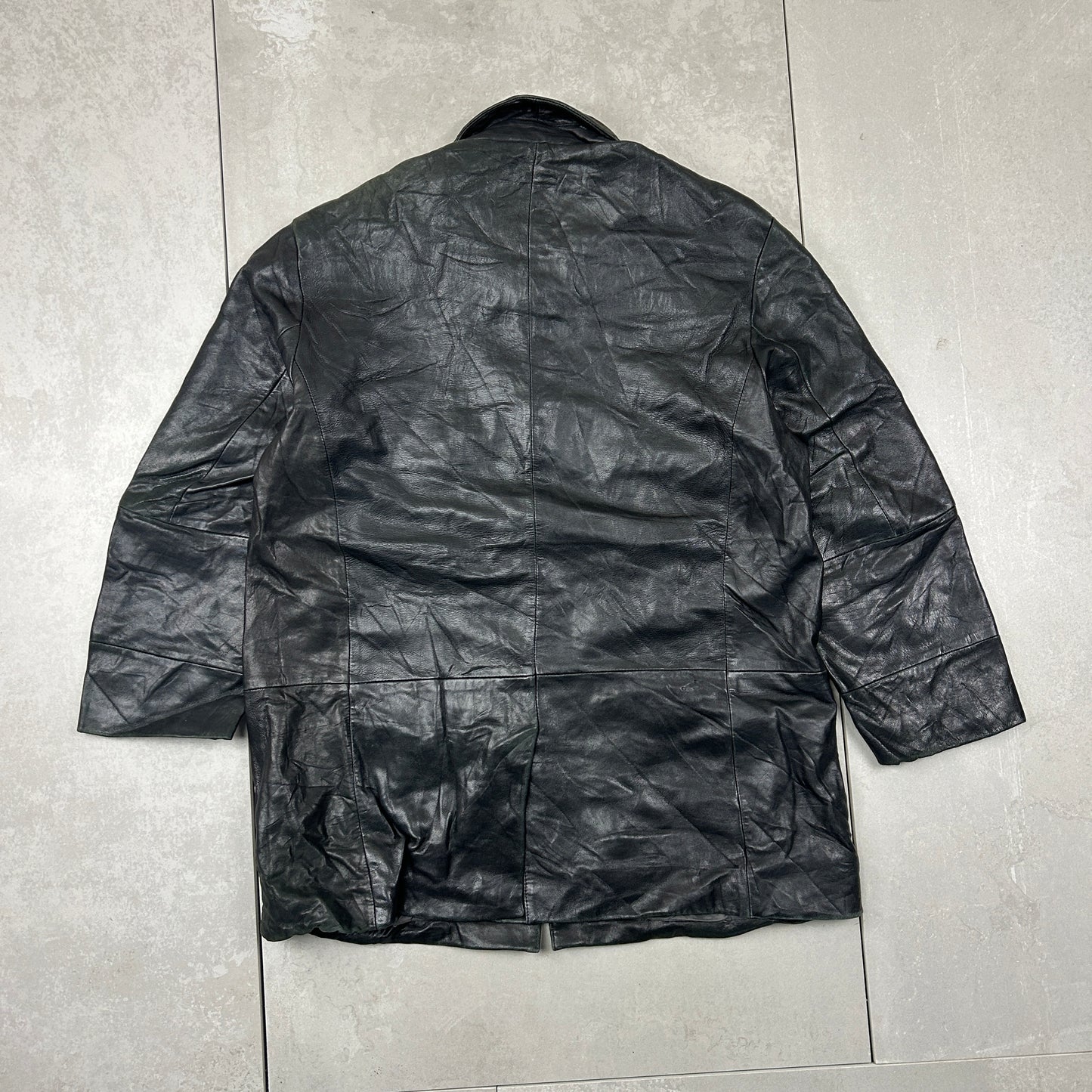 Vintage Trench Black Genuine Leather Bomber Jacket - M