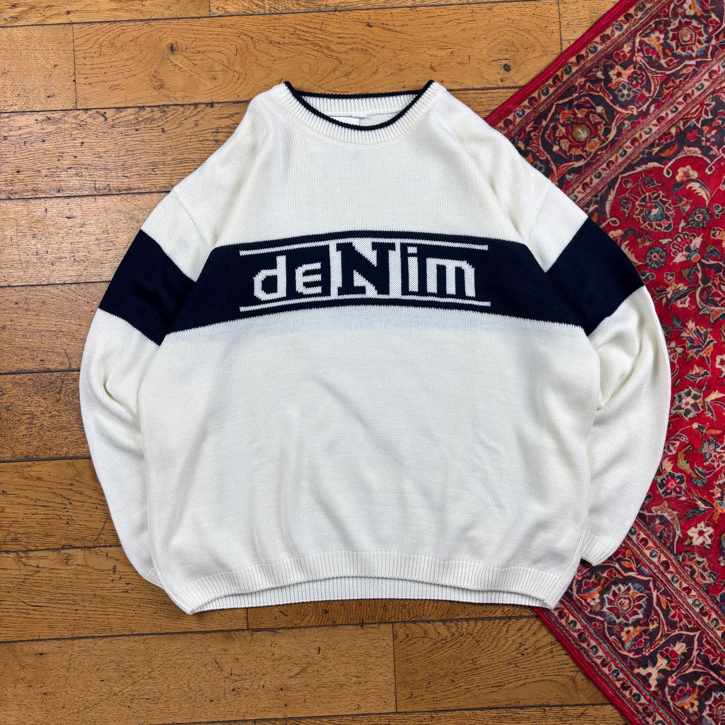 Vintage Denim White Black Chunky Knit Jumper - XL