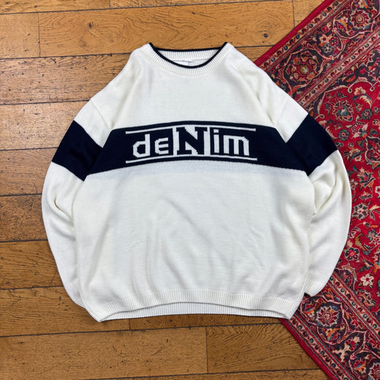 Vintage Denim White Black Chunky Knit Jumper - XL