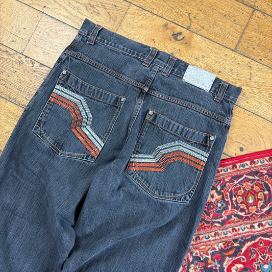 Vintage Dtek Faded Black Embroidered Y2K Hip Hop Baggy Jeans - 34