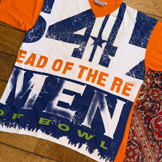 Vintage All Over Print Orange Blue White Graphic T-Shirt - L