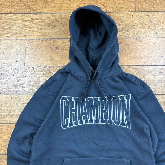 Vintage Champion Navy Spellout Embroidered Hoodie Sweatshirt - M