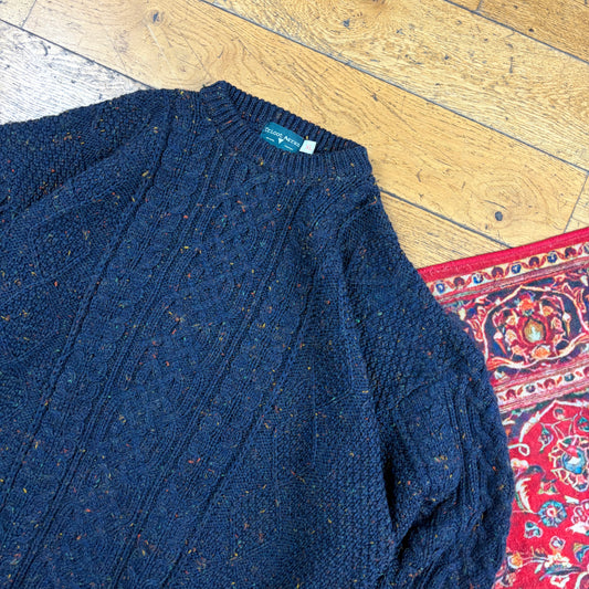 Vintage Navy Chunky Cable Arran Wool Knit Jumper - XL