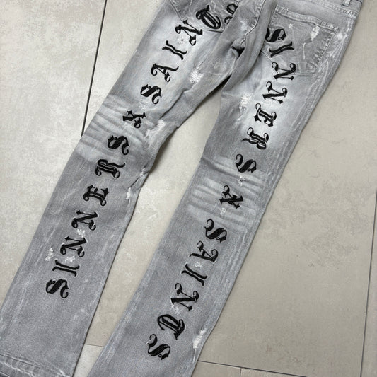 Vintage Embroidered Hip Hop Skinny Flared Bootcut Grey Jeans - 28