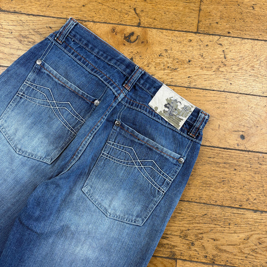 Vintage Five Elements Embroidered Blue Hip Hop Baggy Shorts Jorts - 30