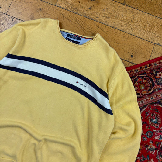 Vintage Tommy Hilfiger Yellow Embroidered Stripe Knit Jumper - XL