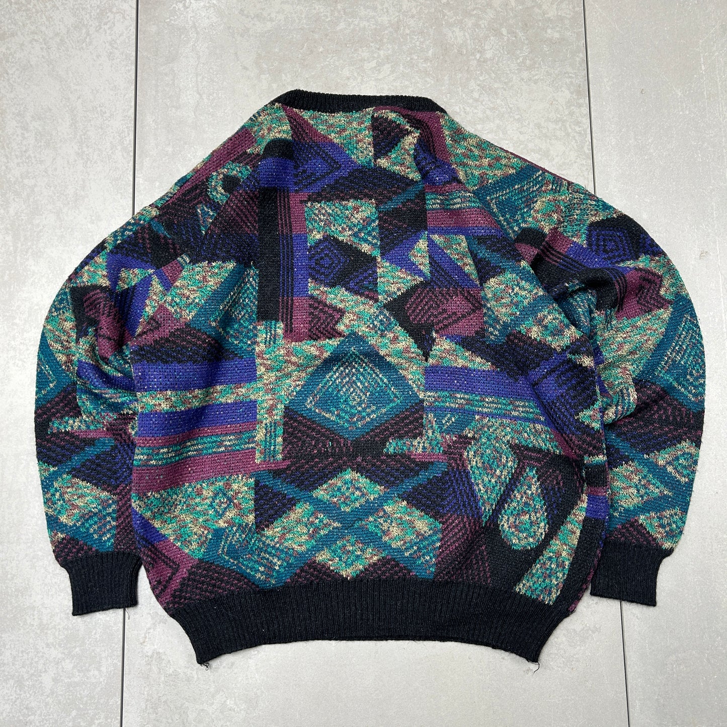 Vintage Italian Pattern Wool Chunky Knit Green Jumper - L