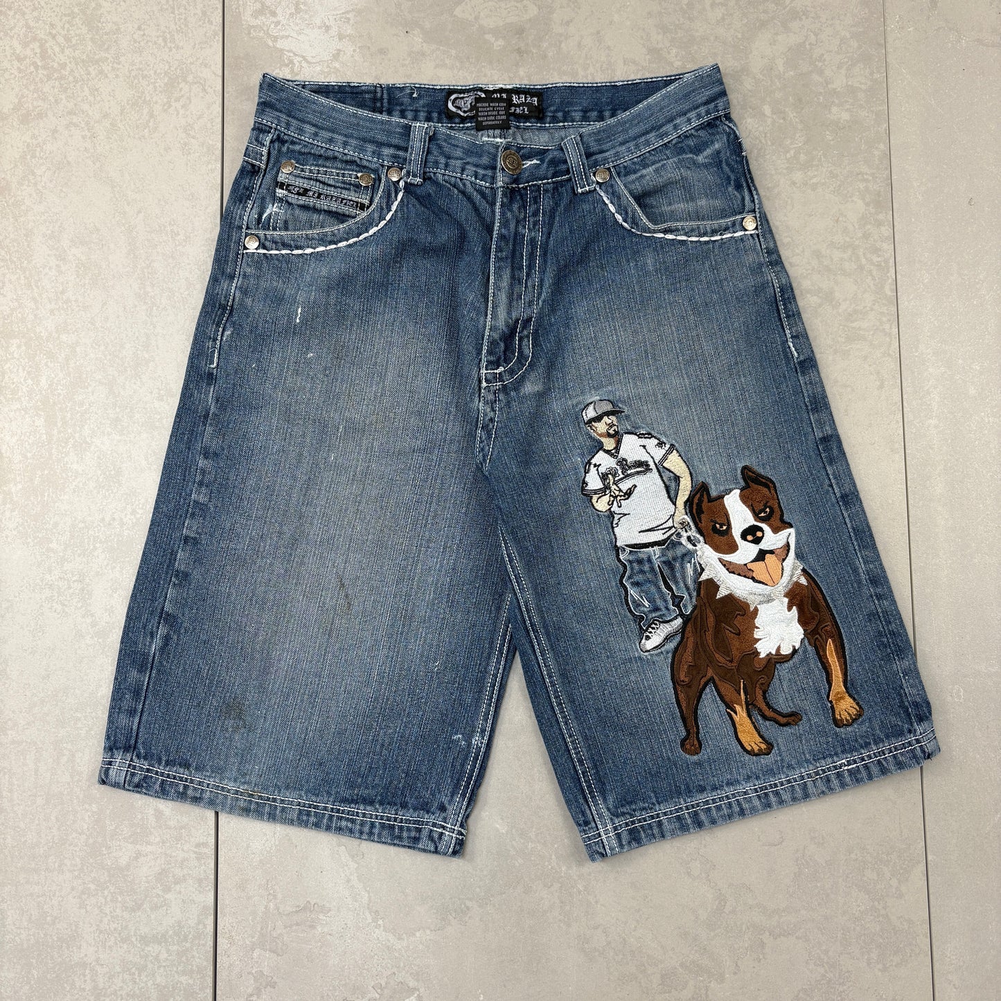 Vintage Mi Raza Fiel Embroidered Hip Hop Blue Baggy Shorts Jorts - 34