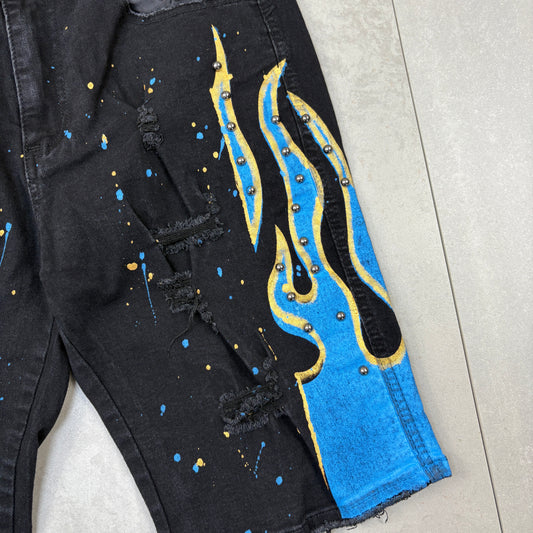 Vintage Black Flames Hip Hop Shorts Jorts - 33