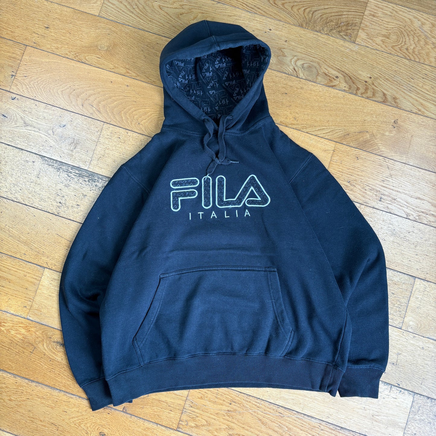 Vintage Fila Black Hoodie Embroidered Boxy Sweatshirt - XL