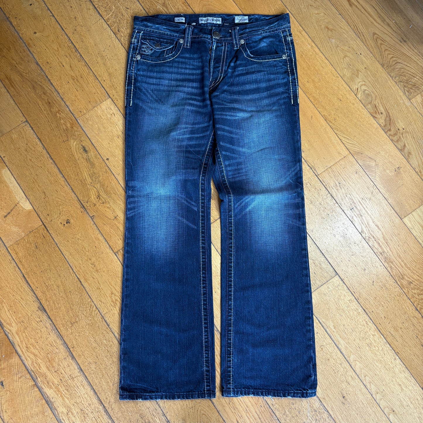 Vintage Mek Embroidered Hip Hop Blue Baggy Bootcut Jeans - 38