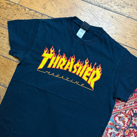 Vintage Thrasher Black Skate Flames Graphic T-Shirt - XS