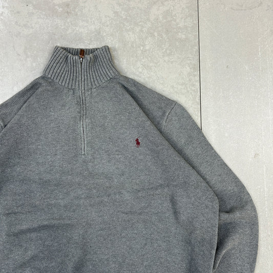 Vintage Ralph Lauren Grey Quarter Zip Knit Jumper Embroidered Sweatshirt - XL