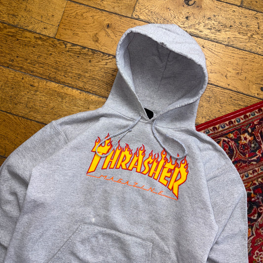 Vintage Thrasher Grey Flames Skate Hoodie Sweatshirt - S
