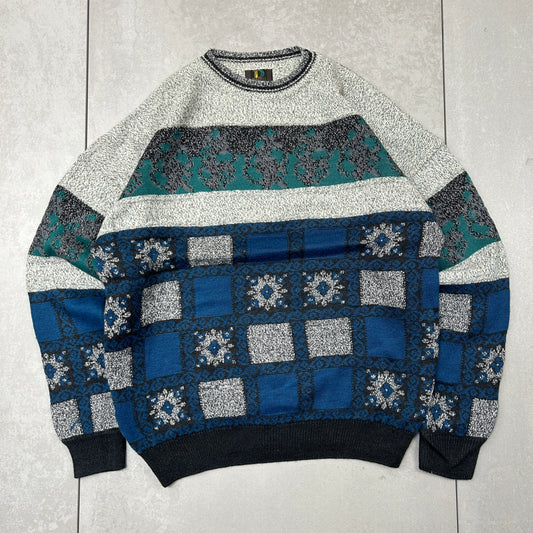 Vintage Italian Grey Blue Pattern Wool Chunky Knit Jumper - L
