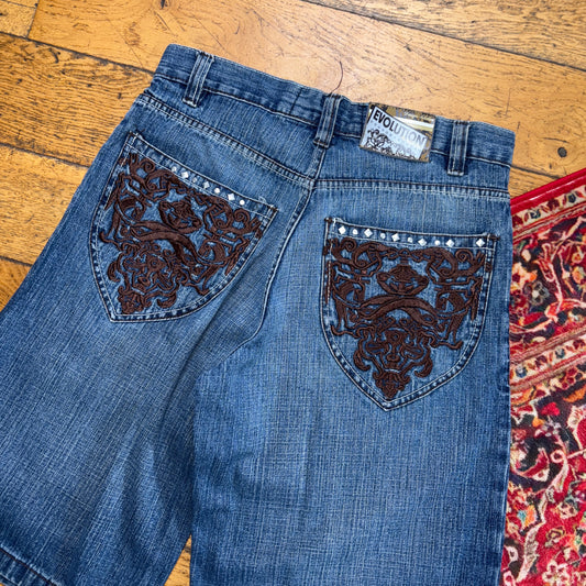 Vintage Evolution in Design Embroidered Hip Hop Blue Baggy Shorts Jorts - 32