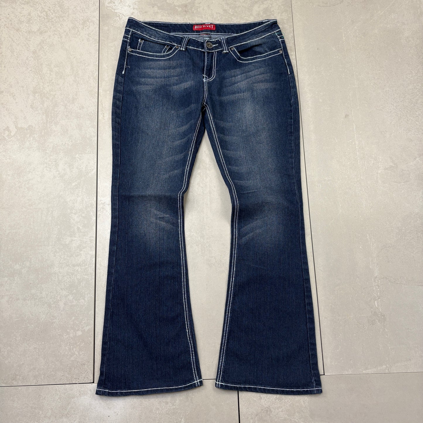 Vintage Embroidered Hip Hop Flared Blue Y2K Bootcut Baggy Jeans - 38