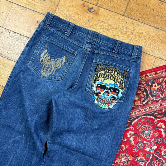 Vintage Blue Skull Embroidered Y2K Hip Hop Baggy Jeans - 36