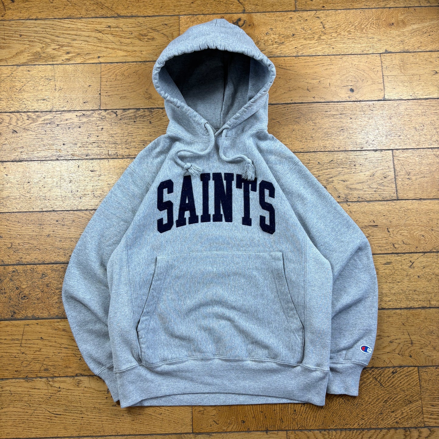 Vintage Champion College Embroidered Grey Hoodie Sweatshirt - S