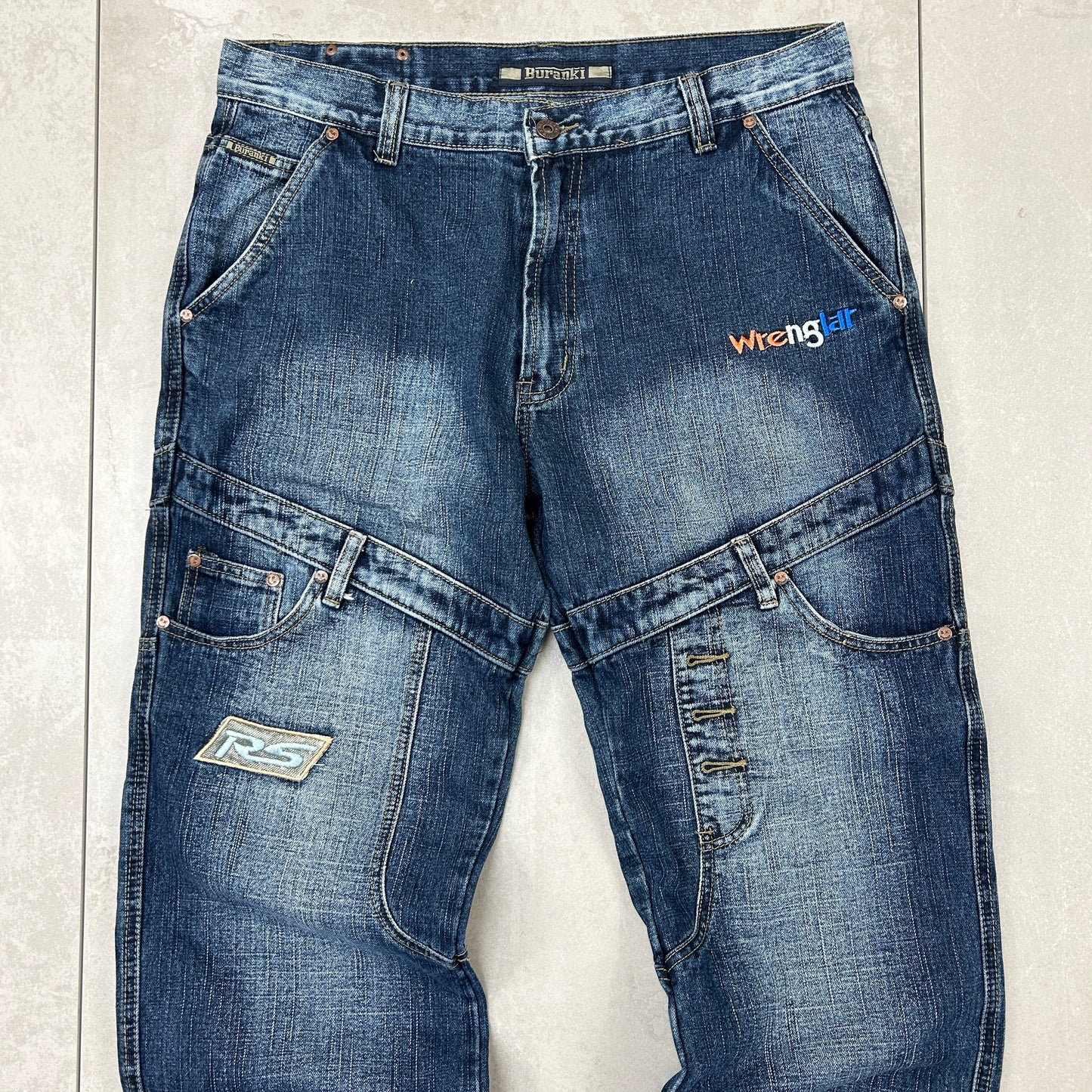Vintage Embroidered Hip Hop Double Knee Baggy Blue Jeans - 36